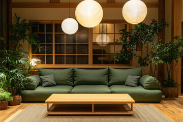 Wooden table in front of green couch in spacious living room interior with plants and lamps