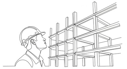 Continuous line drawing of a male engineer or architect in a hard hat looking up at a building under construction, representing supervision and structural analysis.