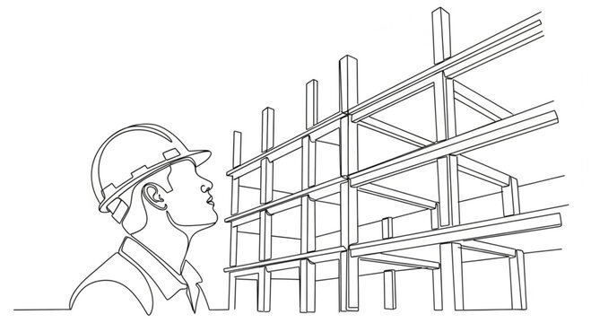 Continuous line drawing of a male engineer or architect in a hard hat looking up at a building under construction, representing supervision and structural analysis.