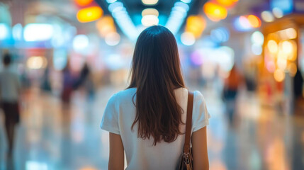 Woman with his back turned walking through shopping