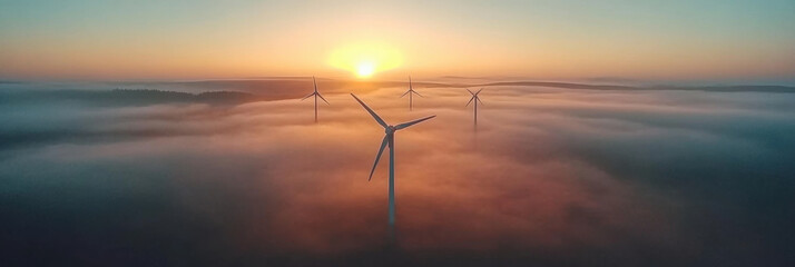 Aerial view of wind turbine sunrise in forested with fog . Sustainable development