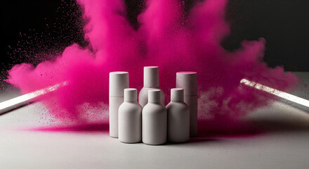 An explosive burst of pink powder behind a line of cosmetic bottles, a dynamic and vibrant concept for a bold new beauty product launch campaign