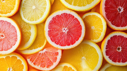Colorful pattern of citrus fruit slices and mint leaves isolated on white background. Top view, flat lay