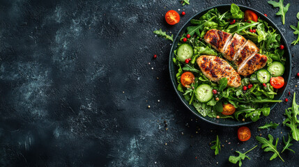 Top view Grilled chicken breast, fillet and fresh vegetable salad of lettuce, arugula, spinach, cucumber and tomato