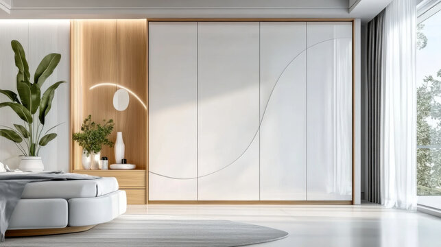 White bedroom Wooden wardrobe with glossy sliding doors in minimalist style interior design