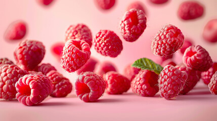 Vibrant raspberries floating gracefully against a soft pink background,