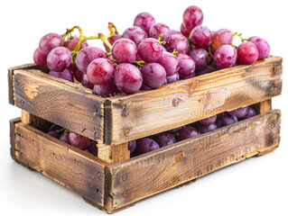 Fresh grape in wooden crate isolated on white background copy space
