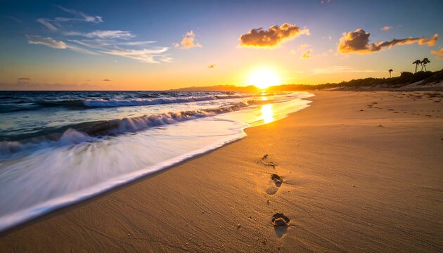 Sunset beach scene with gentle waves and footprints in the sand