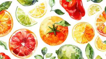 Watercolor pattern mix fruit, and leaves for vibrant and summery design