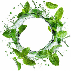  circular Mint leaves juice splash swirl, Mint leaves floating isolated white background