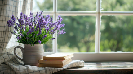 Beautiful lavender flowers and book on window sill indoors
