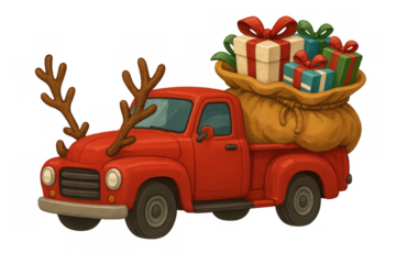 Red vintage truck carrying christmas gifts and receiving festive reindeer antlers, holiday season delivery