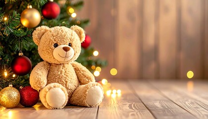 Cute teddy bear sitting beside glowing Christmas tree in warm cozy atmosphere