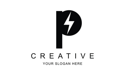 abstract black lightning bolt P letter logo.