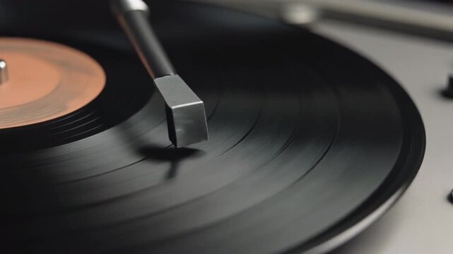 Real video of a retro-style turntable playing a classic vinyl record, close-up view of the disc rotating, clean lighting, no text, no shadows