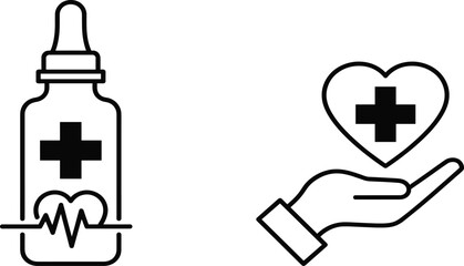 Obraz premium Medical Care Icon Vector Set – Dropper Bottle, Heartbeat Symbol, and Hand Holding Heart with Cross for Healthcare Illustration