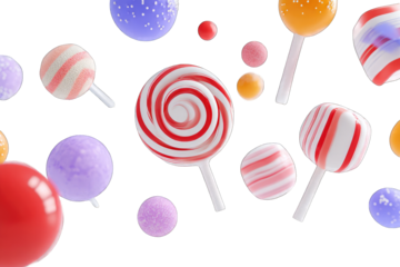 Colorful lollipops and candies in vibrant colors, digitally rendered, levitating