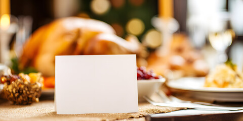 Thanksgiving dinner table with roasted turkey, side dishes, and a blank card for personalized greetings. Holiday concept