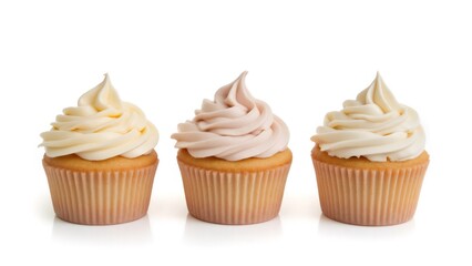 Three cupcakes with different color frosting on a white background