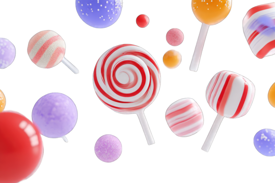 Colorful lollipops and candies in vibrant colors, digitally rendered, levitating - Powered by Adobe