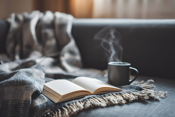 Cozy still life with open book, steaming coffee mug, and warm blanket on a gray sofa. Relaxing concept