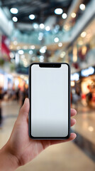 Hand holding mobile phone with blank screen in the shopping mall.