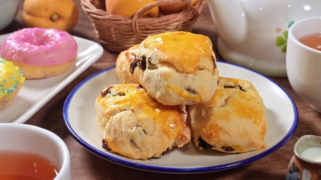 Closeup of a heap of raisin cheese scone      