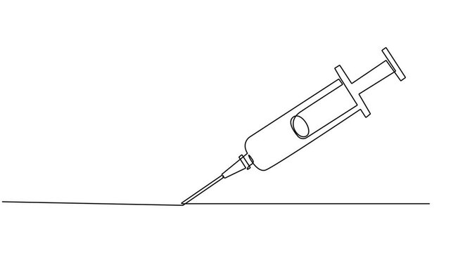 Animated self drawing of continuous line draw medical disposable syringe with needle. Applicable for vaccine injection, vaccination logo. Plastic syringe with needle. Full length single line animation