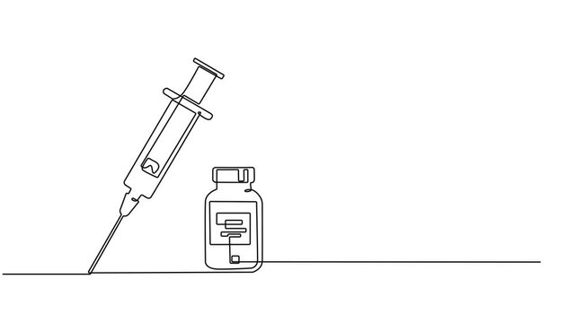 Animated self drawing of continuous line draw medical disposable syringe with needle. Applicable for vaccine injection, vaccination logo. Plastic syringe with needle. Full length single line animation