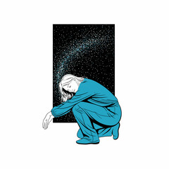 This artwork shows a female figure in a squatting pose against a cosmic backdrop, emphasizing themes of serenity and reflection, creating a deep emotional and visual experience.
