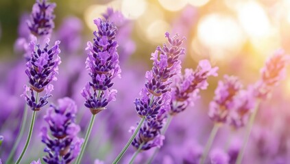 Blooming lavender with golden bokeh background