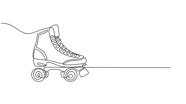 Animated self drawing of continuous line draw pair of vintage, retro quad roller skates icon logo symbol, Full length one line animation, skates icon logo symbol. Sketch style pair of quad roller is.
