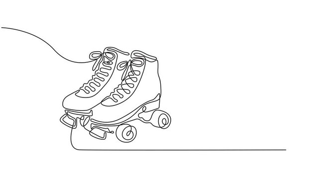 Animated self drawing of continuous line draw pair of vintage, retro quad roller skates icon logo symbol, Full length one line animation, skates icon logo symbol. Sketch style pair of quad roller is.