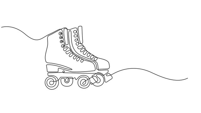 Animated self drawing of continuous line draw pair of vintage, retro quad roller skates icon logo symbol, Full length one line animation, skates icon logo symbol. Sketch style pair of quad roller is.