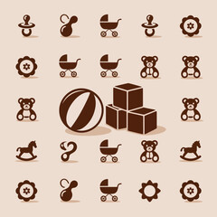 An engaging variety of whimsical baby-themed icons, including strollers and toys, excellent for children-related products and playful nursery designs.