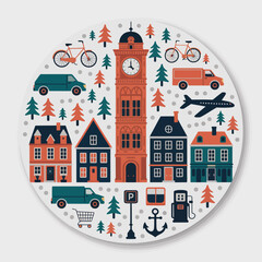 A creative portrayal of a town, complete with a prominent clock tower, various houses, vehicles, and natural elements, depicting a bustling living space.