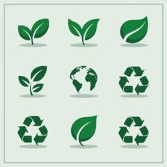 A minimalistic and modern collection of green icons that represent nature, recycling, and our responsibility towards the earth, promoting sustainable living habits and eco-friendliness.