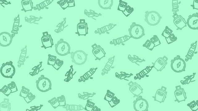 Seamless Pattern - Seamless Pattern of Travel and Adventure Icons on a Green Background.