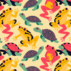 An eye-catching abstract pattern of frogs and turtles in striking colors and playful poses, inviting viewers into a lively world of fun and creativity.