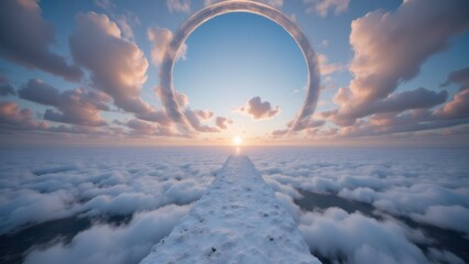 Surreal Sky Road: A Path Through Clouds to a Circular Horizon Sunset