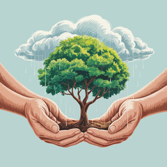 This vibrant illustration portrays hands supporting a flourishing tree, symbolizing unity, teamwork, and the collective effort to promote environmental health and sustainability.