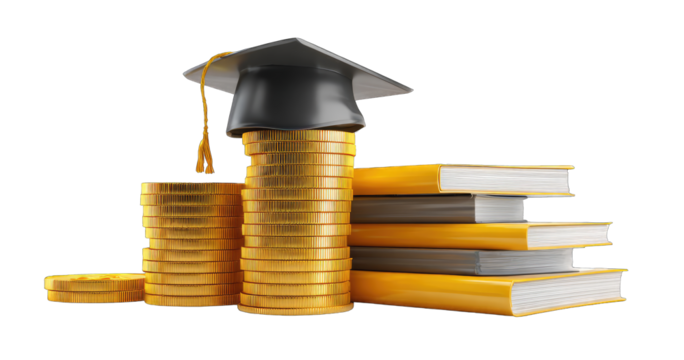 Gold coins stack topped with graduation cap, beside books