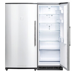 Open, white upright freezer, empty shelves and door storage