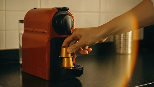 Preparing Espresso: Hand Inserts Golden Capsule into Red Nespresso Machine on Kitchen Counter