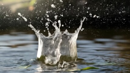 Close-up of water surface with green leaf submerged, droplets and sunlight - Powered by Adobe