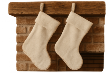Pair of blank christmas stockings hanging on a rustic brick fireplace mantel creating a cozy holiday decoration