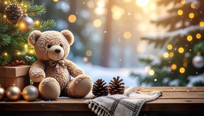 Cozy still life of teddy bear near Christmas decorations on wooden table with fairy lights