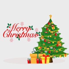 Merry Christmas! A festive illustration featuring a beautifully decorated Christmas tree, a pile of wrapped gifts, holly, snowflakes, and holiday text on a simple background.