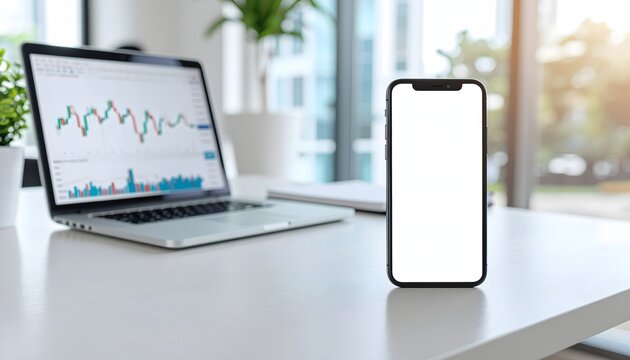 Laptop displaying financial chart and smartphone with blank screen on desk