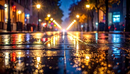 Rainy night city street reflections